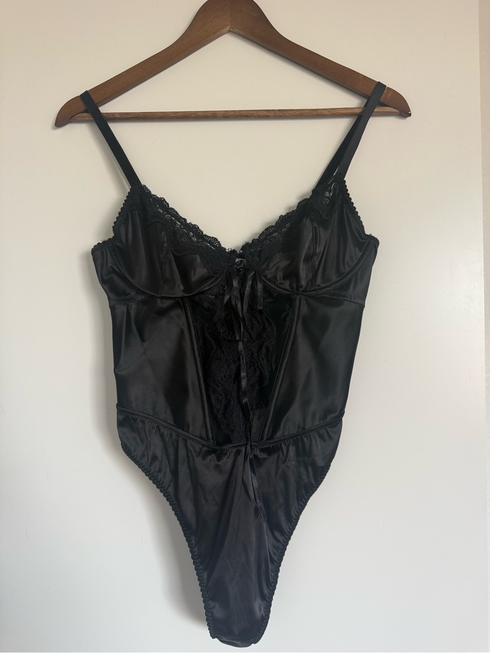 Savage X Fenty Black Lace-Trim Satin Bodysuit Teddy